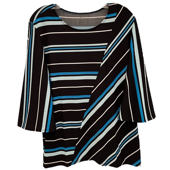 Stretch Knit Blouse Flowy Multi Stripes Blue Black 3/4 Sleeve Top Size XLarge - Picture 7 of 12